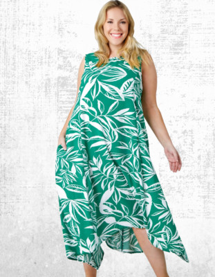 Ex ROMAN Curve Plus Size Damen Midikleid mit Blätterprint in Grün (etwas defekt)