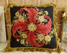 16" Vintage Handcrafted Needlepoint Pillow - French Aubusson Floral Design