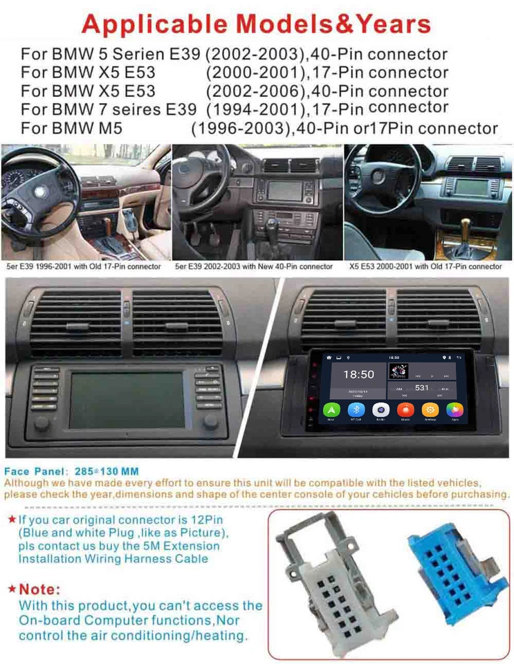 Autoradio CarPlay für BMW 5er E39 Video GPS Navigation DAB+ Bluetooth WiFi 4+64G - Bild 2 von 4