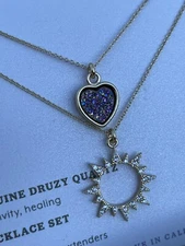 Luna Norte Genuine Druzy Quartz Purple Heart Sun Brass Necklace Set 16" & 17"