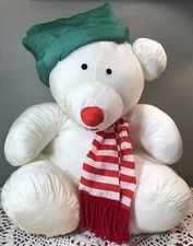 Vintage Large 12" Nylon White Stuffed Polar Bear Plush Puffalump Style Christmas