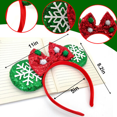Snowflake Red Green Sequin Bow Christmas Mickey Minnie Mouse  display picture 3