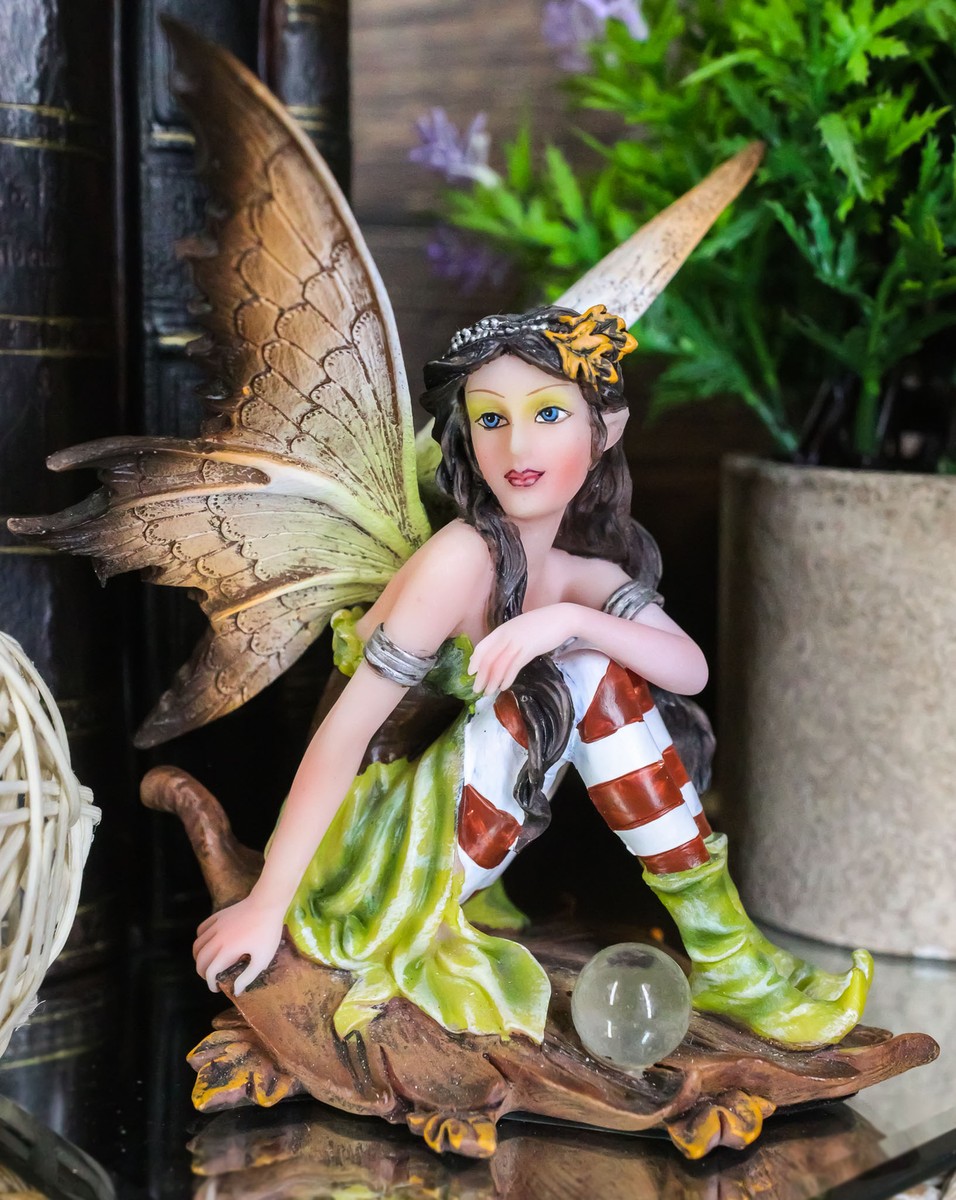 Jolly Christmas Woodlands Elf Fairy With Gazing Ball Sitting On