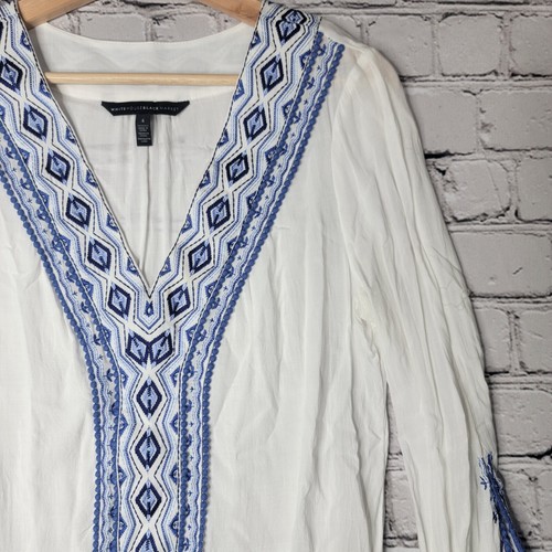 White House Black Market Voile Embroidered Tunic White Ultra Marine Blue Size 4 - Picture 4 of 12