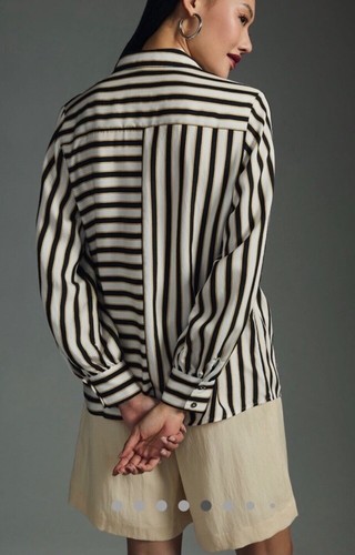 Anthropologie MAEVE Silky Striped Shirt size M Button Front Long Sleeve Chic - Picture 5 of 21