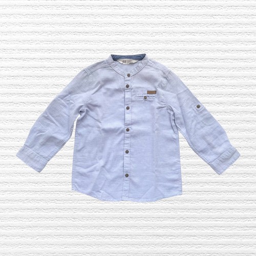 New H&M Boys Classic Banded Collar Shirt Light Blue Roll-Tab Long Sleeve Sz 4-5