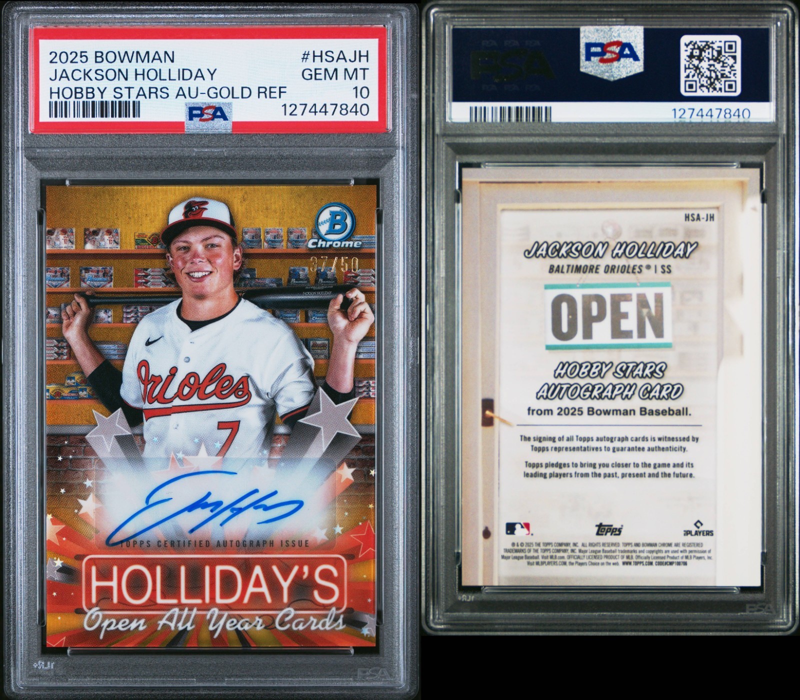 2025 Bowman Chrome Jackson Holliday Hobby Stars Gold Refractor Auto PSA 10 view 3