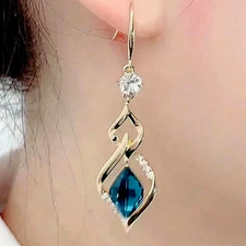 Womens Gold Hoop Earrings Blue CZ Crystal Dangle Drop Elegant Fashion Jewelry