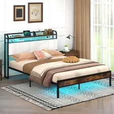 Queen Size Bed Frame with LED Light Charging Station Heavy Duty Metal