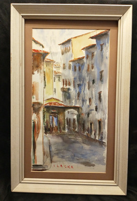Vintage Watercolor Florence or Venice Italy Canal Framed & signed LASKA c. 1960s
