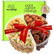 NUT CRAVINGS - Holiday Christmas Mixed Nuts Gift Basket + Heart Ribbon 4 Asso...