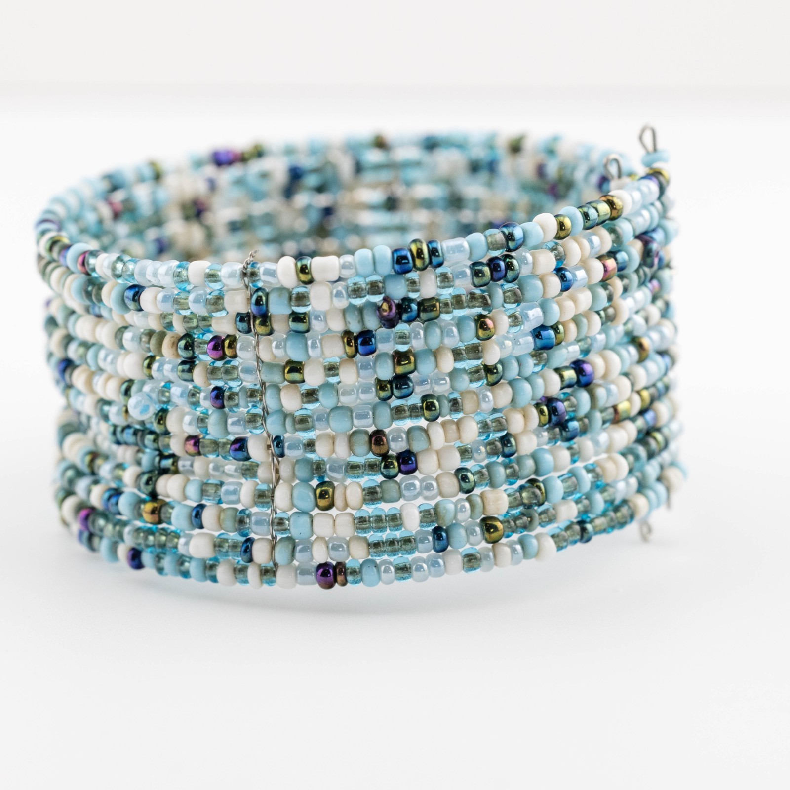 Handmade Bracelet Memory Wire Cuff Turquoise Whit… - image 5