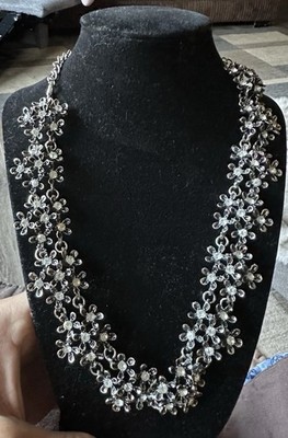 Vintage Silvery-Black Crystals Beads Necklace Flower Pattern Beautiful