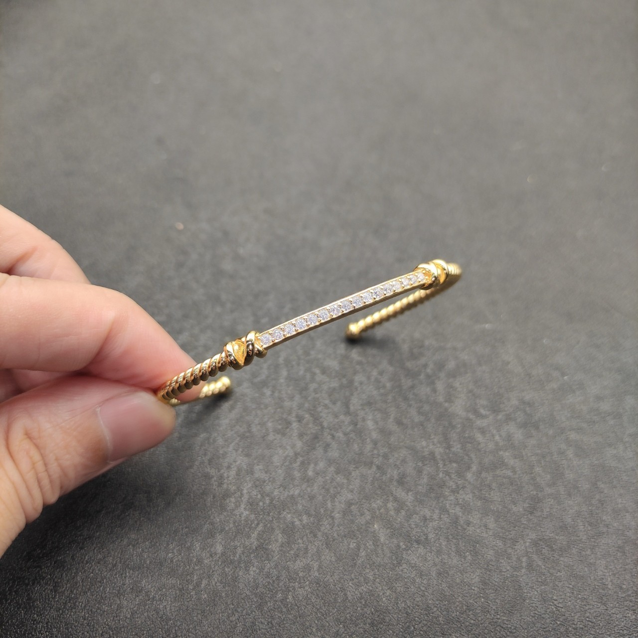 David Yurman 3mm Cable Open Bangle 925 Silver 18K Gold Pave Diamond Size 21cm
