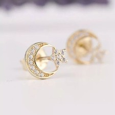 Tiny Moon Star Stud Earrings Round Cut Simulated Diamond 14k Yellow Gold Plated
