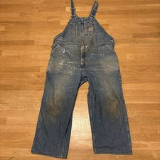 Carhartt R07 DST Mens Denim Jeans Carpenter Overalls Sz 48 X 26 Blue Distressed