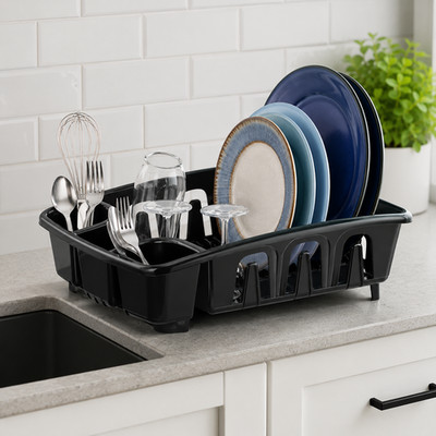 Dish Drying Rack, Sterilite Black Self Draining Base Kitchen Counter Drainer