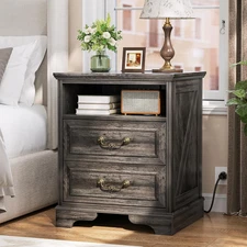 Farmhouse Nightstand with Charging Station, Bedside Table with 2 Large Drawers &