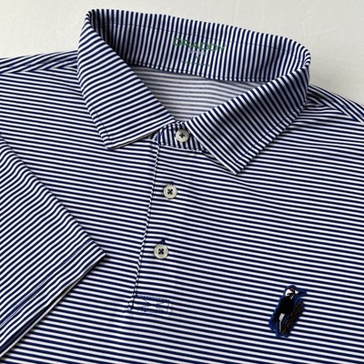 B Draddy Sport Men M Polo Shirt Performance Stretch Golf Royal Blue White Stripe
