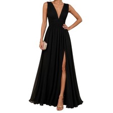 Lulus Black Chiffon Maxi Dress Deep V Slit Formal Gown NWT XL