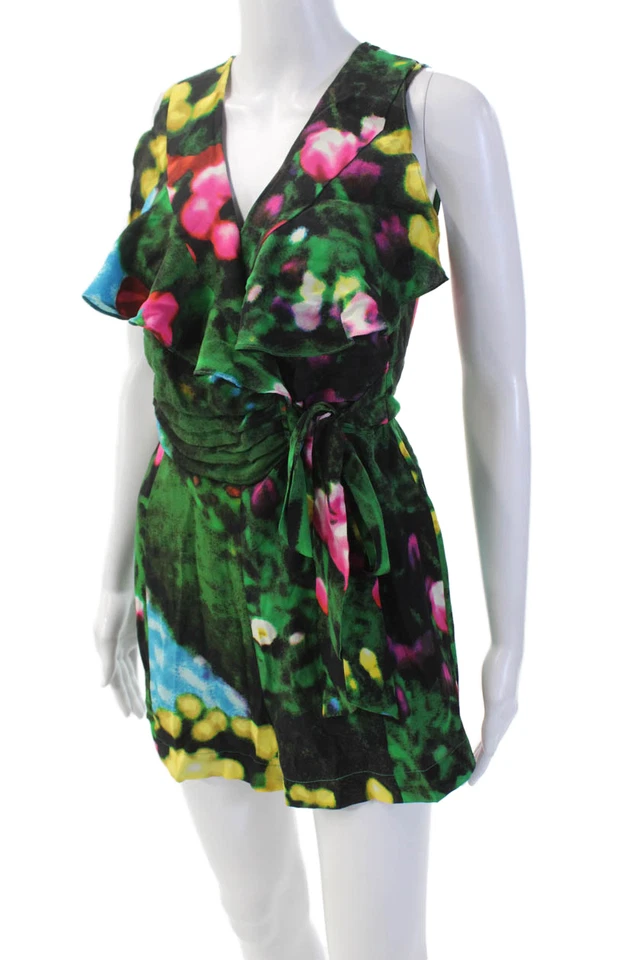 Tracy Reese Womens V Neck Ruffle Trim Tie waist Romper Multi Size 0 - Image 2 of 4