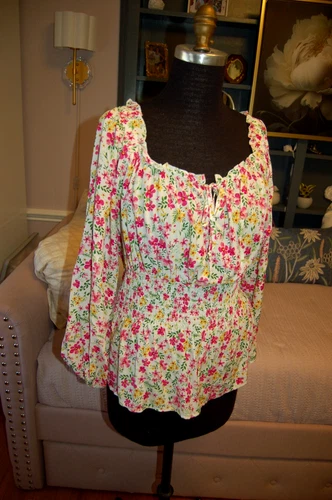 No Boundaries Peasant Blouse Top Juniors XXXL 3XG 21 Floral Elastic Waist Top