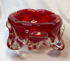 Vintage Mid Century Murano Heavy Red Clear Art Glass Ashtray Italian Art Glass