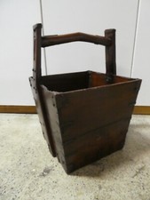 ANTIQUE CHINESE METAL BOUND WOODEN BUCKET TIMBER RICE BASKEET PAIL VESSEL
