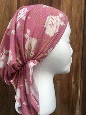Pre Tied Turban Head Covering Tichel Headscarf, Pink Floral, Housewear Headwear