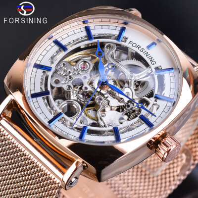 FORSINING Luxury Mens Stainless Steel Hollow Skeleton Automatic Mechanical Watch