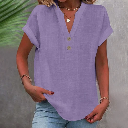 Blusa Top Ligera de Verano para Mujer Cuello en V Manga Corta Algodón Lino - Imagen 18 de 35