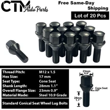 20x BMW Mini Black 12x1.5 Wheel Lug Bolt 28mm Shank Cone Seat Fit E-Body Trim