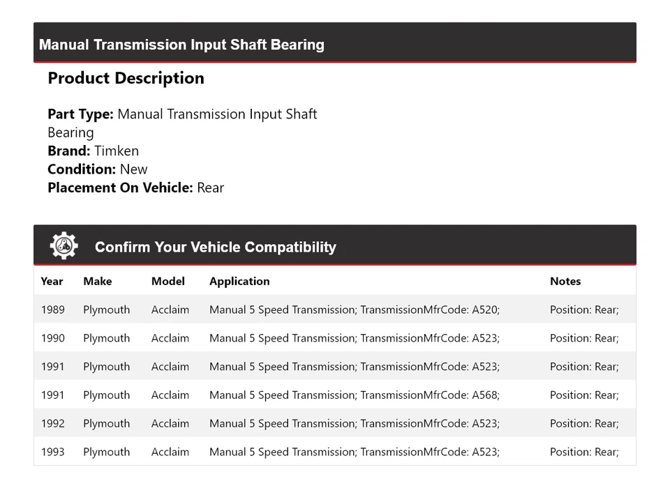 For 1989-1993 Plymouth Acclaim Manual Trans Input Shaft Bearing Rear Timken 1990 - Image 2 of 4