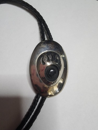 Cravatta Bolo Zampa Orso Onice Nera Vintage Silvertone Nativa - Foto 1 di 3