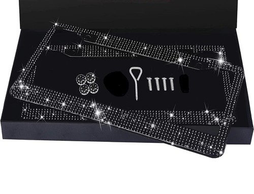2 BLACK Diamond Crystal Bling License Plate Frame Cover Caps Made with Swarovski