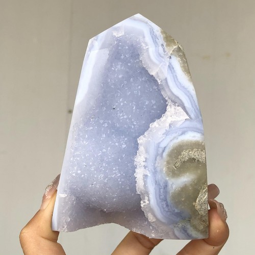 586g Natural Druzy Blue Lace Agate Tower Quartz Crystal Wand Point Mineral X39