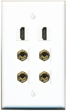 2 Speaker 4 Banana Binding Post Wall Plate with 2 HD Jacks Flat White