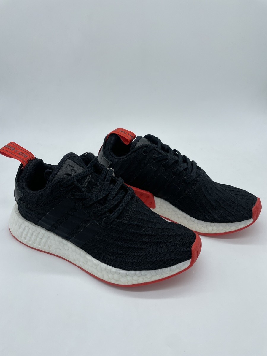 Adidas NMD R2 Primeknit Core Black Red BA7252 Running Shoes Mens Sz Wmn  Sz
