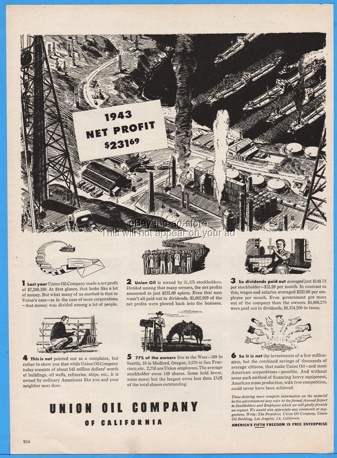 1944 Union Oil Company of California Unocal 1943 Net Profit Stock Dividends Ad