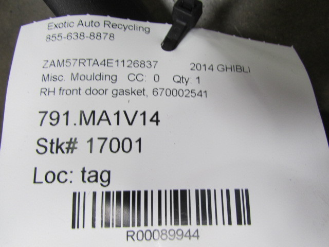 Maserati Ghibli, RH, Right Front Door Gasket, Used, P/N 670002541