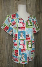 SB Scrubs Holiday Christmas Snowmen Scrup Top Sz XS Let It Snow Snowflakes Birds