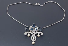 Vintage Sweet Romance Blue Rhinestone Pearl Art Deco Silver Tone Necklace 16"