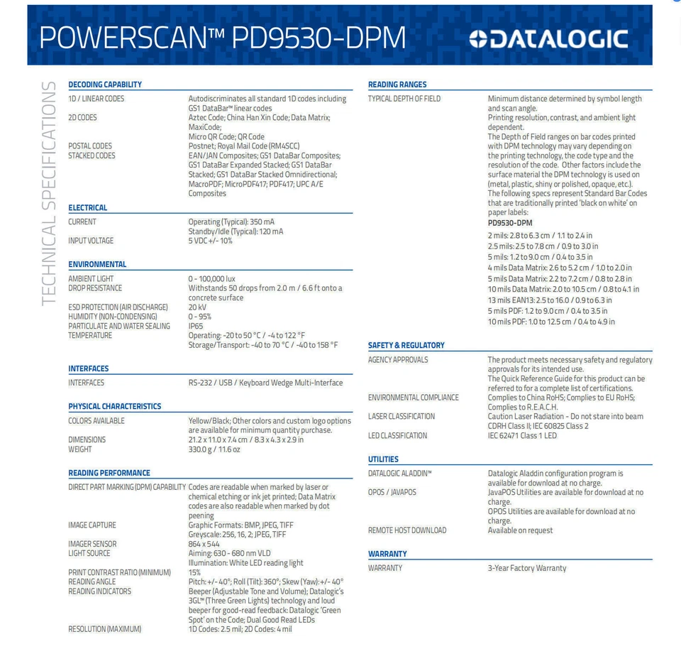 Datalogic PD9530-DPM 1D 2D LED Handheld Barcode Scanner Image Sensor USB/RS232 - Image 4 of 4