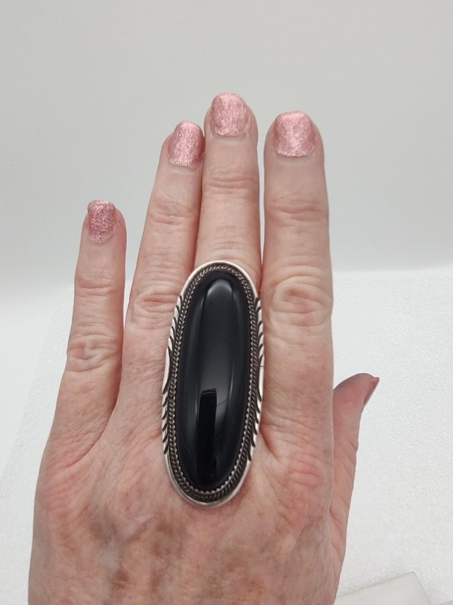 Huge Navajo HERMAN LEE Handmade Sterling Silver Black Onyx Long