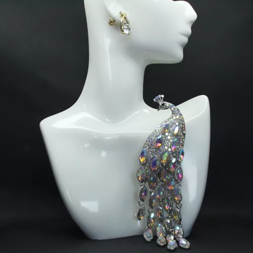 Vintage Long Tailed Silver Crystal Peacock Tassel Brooch Women Accessories Pin