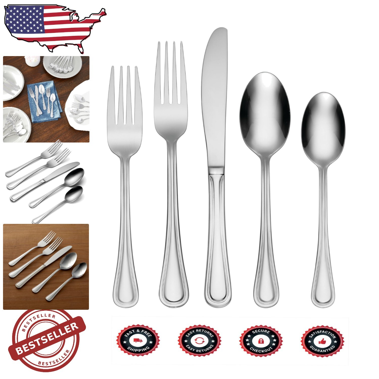 Durable 62-Piece Stainless Steel Flatware Set - Rust Resistant & Dishwasher Safe