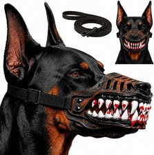 Scary Dog Muzzle with Teeth, Monster Halloween Mask with Leash --