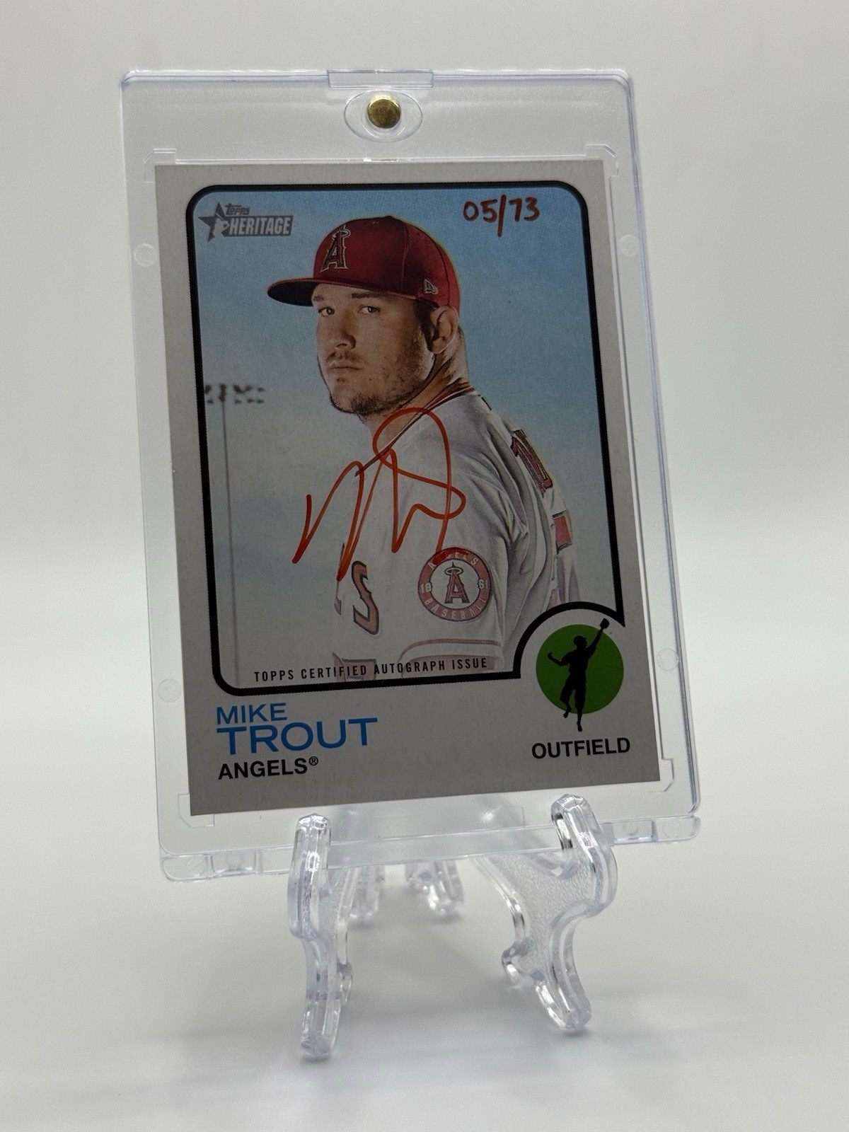 2022 Topps Heritage #ROA-MT Mike Trout Real One Red Ink /73 Auto Angels