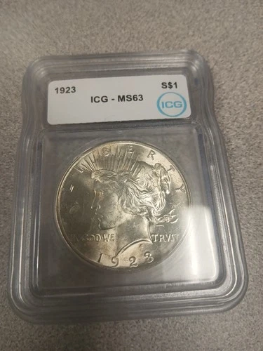 1923 Peace Silver Dollar MS63 ICG 90% Silver Slabbed with Slight Toning US Coin