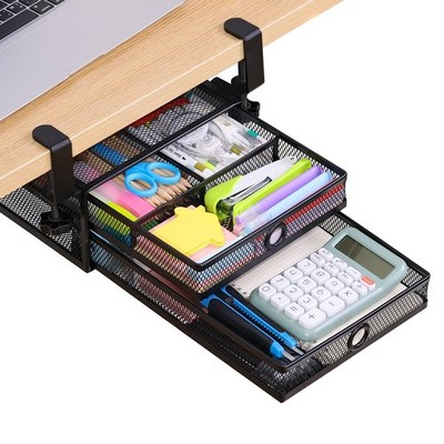 2-Tier Clamp-On Mesh Organizer, Under Desk Storage with Slide-Out Tray, No Dr...